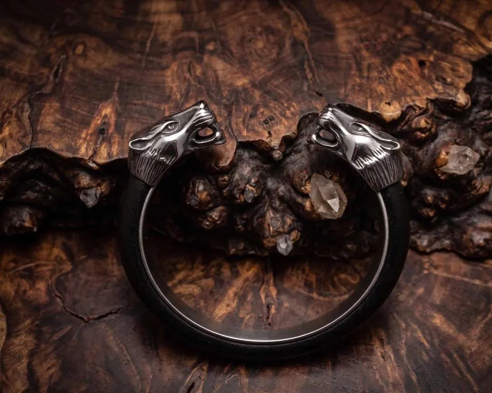 tainless steel leather Wolf bangle